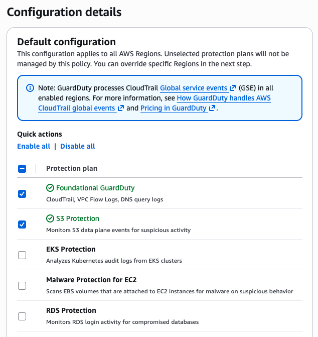 Step 3 Configuration details。Default configuration で Foundational GuardDuty と S3 Protection を選択している