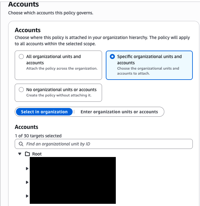Step 2 Accounts。Specific organizational units and accounts を選び、アカウントを 1 つ選択している