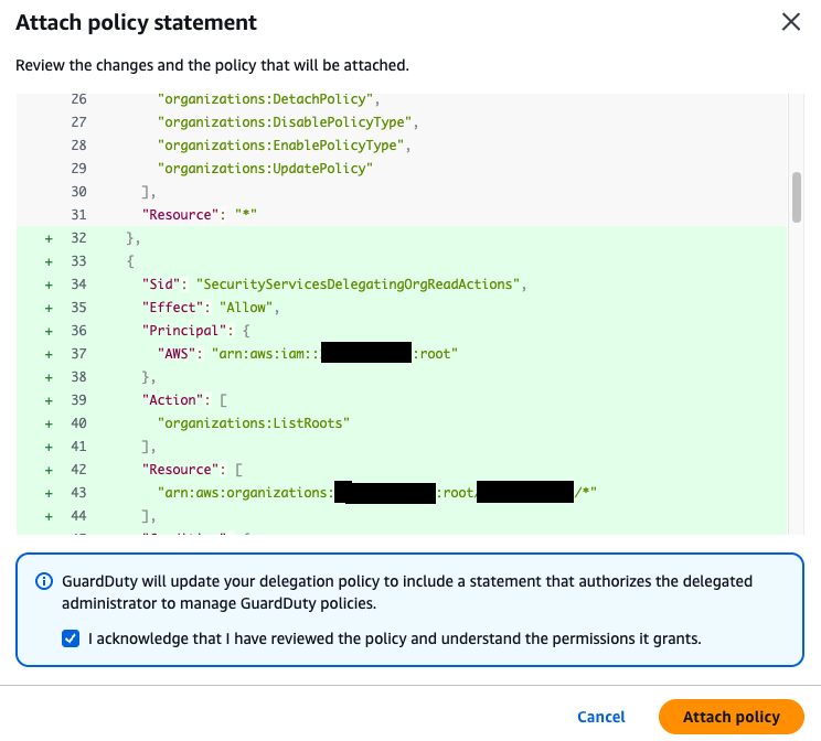 Attach policy statement の画面。既存の委任ポリシーに追記される Statement が差分で表示されている