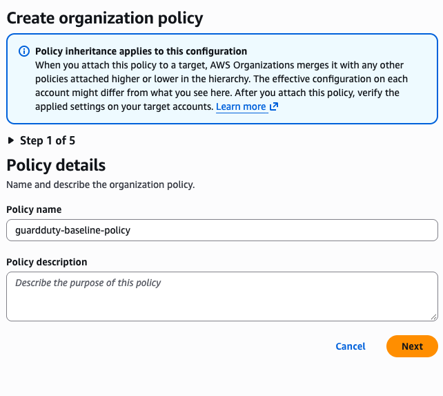 Step 1 Policy details。ポリシー名を入力する
