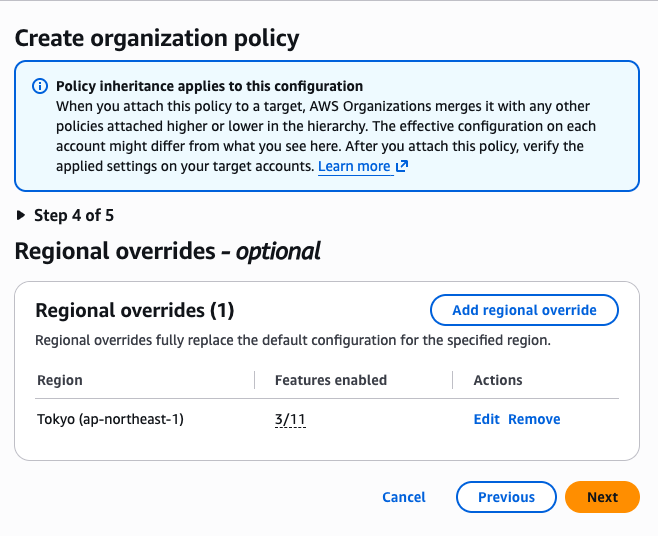 Step 4 Regional overrides。東京リージョンの上書きが 1 件登録されている