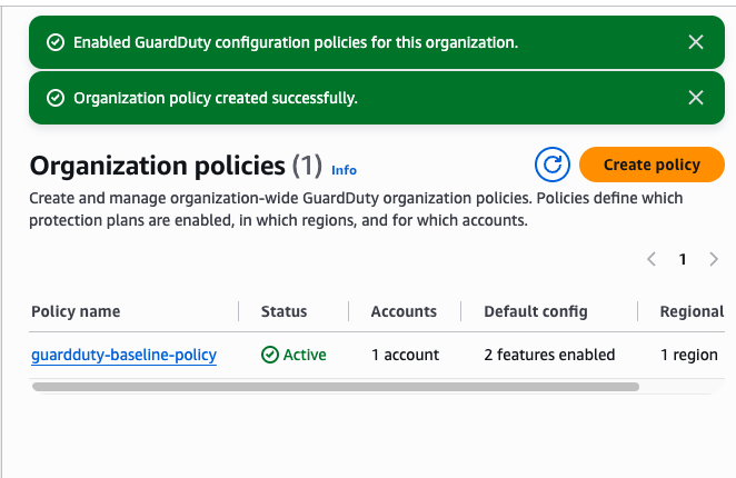 Organization policies の一覧。作成したポリシーが Active で表示されている