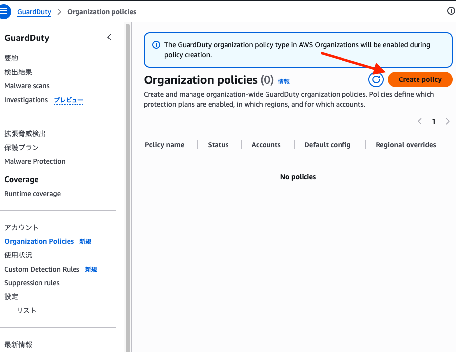 GuardDuty コンソールの Organization policies ページ。ポリシーはまだない