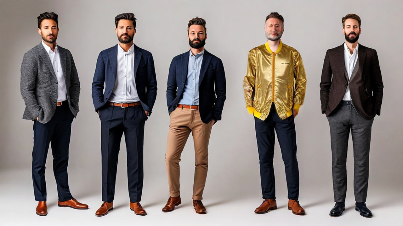 Multiple men (specify number), full body portrait, standing poses, varied casual and formal attire, neutral background, studio lighting, professional photography, high detail (11).png
