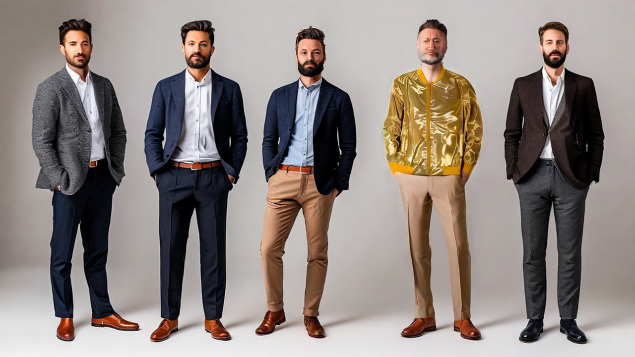 Multiple men (specify number), full body portrait, standing poses, varied casual and formal attire, neutral background, studio lighting, professional photography, high detail (3).png